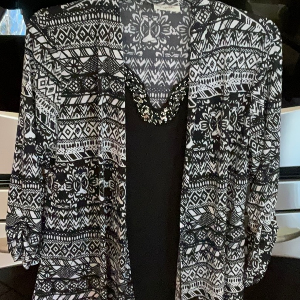 Fancy Ladies Black & White Top with Rhinestones. One piece with over blouse. - Picture 4 of 13